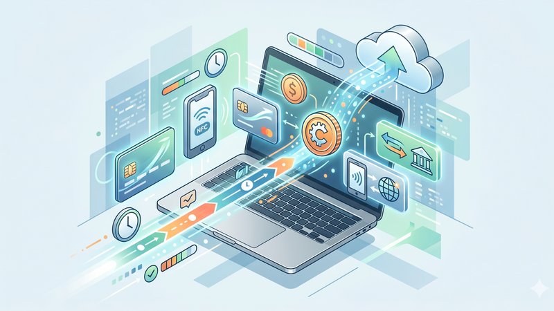 Иллюстрация способов оплаты в облачных казино на MacBook в современном минималистичном стиле