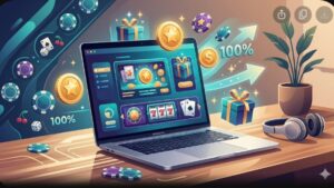Иллюстрация MacBook Pro с элементами онлайн-казино для статьи о приветственных бонусах облачного гейминга