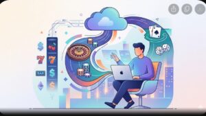 Современная иллюстрация ноутбука MacBook Pro с элементами облачного гейминга в минималистичном стиле