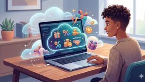 Современная иллюстрация MacBook Pro с элементами онлайн-казино для статьи об облачном гейминге